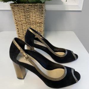 Designer Black Suede and Gold Leather Mirror Heals 8.5 worn twice